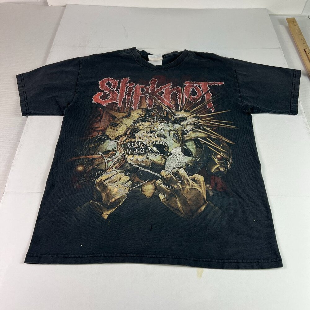 VTG 90s Slipknot Shave Mask Shirt Mens Fits Small Black Thrashed Metal Tee Tag M